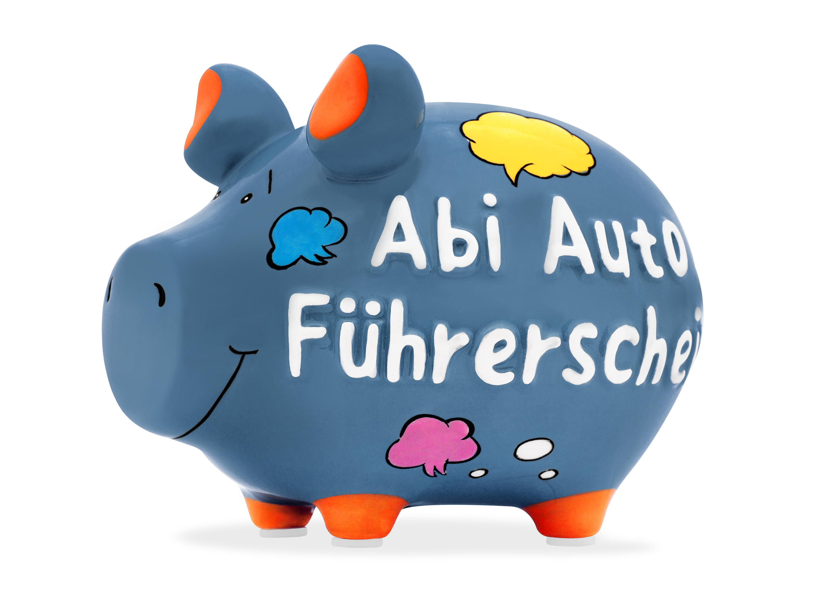 Sparschwein Abi-Auto-Führerschein,neutral blau mit bunten Sprechblasen