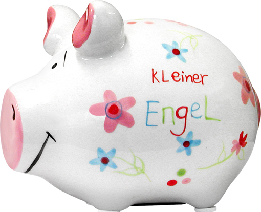 Sparschwein Kleiner Engel,  neutral weiß mit Blumen