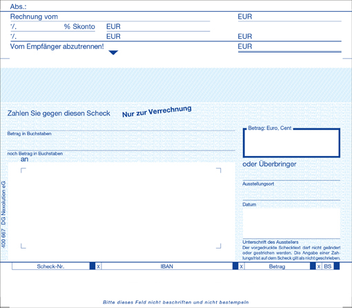 Verrechnungsscheck Kopftalon 1tlg personalisierbar Verrechnungsscheck Kopftalon mit Anschriftenfeld