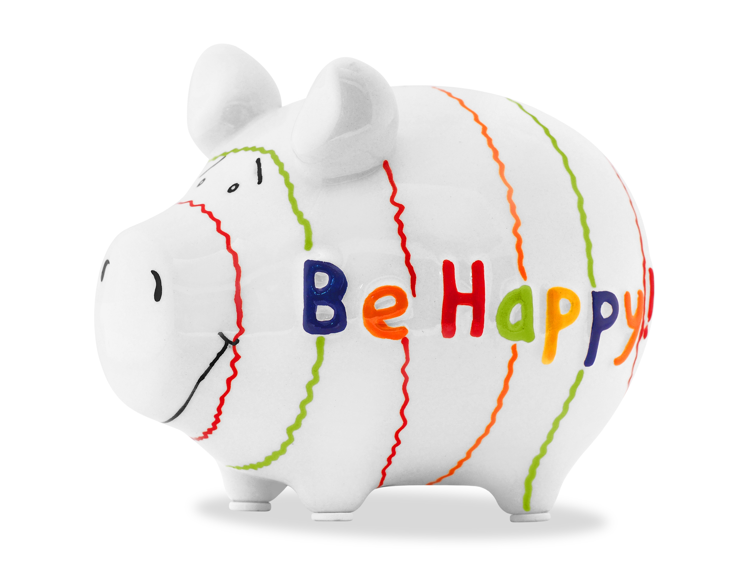 Sparschwein Be Happy,  neutral weiß mit bunten Streifen