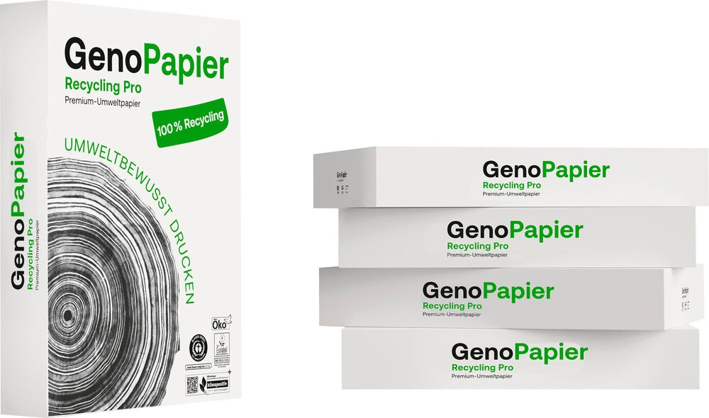 Kopierpapier GenoPapier Recycling Pro GenoPapier seitliche, gestapelte Perspektive