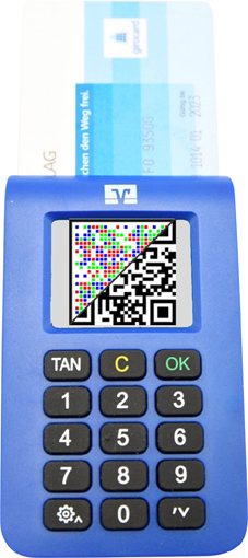 Smart-Tan mit QR-Code und VR-Logo in blau