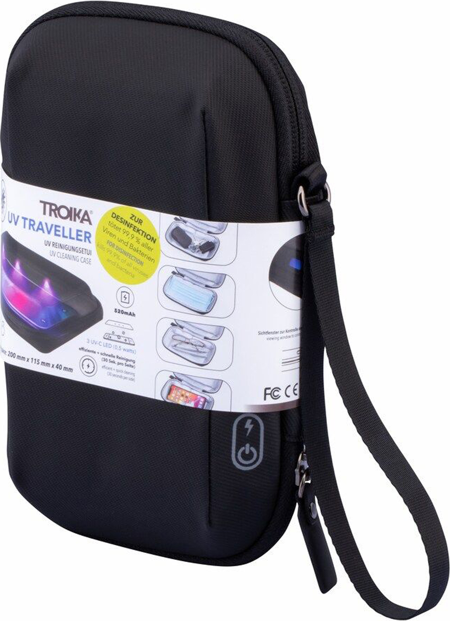 UV-Reinigungsetui Traveller Hülle schwarz mit Verpackung und Anleitung