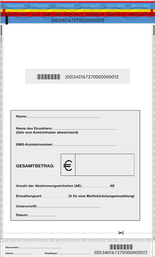 Sicherheitstasche von vorne mit Barcode und Ausfüllbereich 