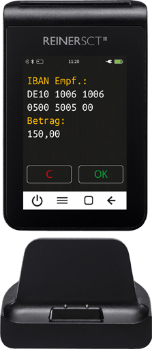 Touch- und Farbdisplay zusehen IBAN und Betrag, Ladestation am unteren im Bild