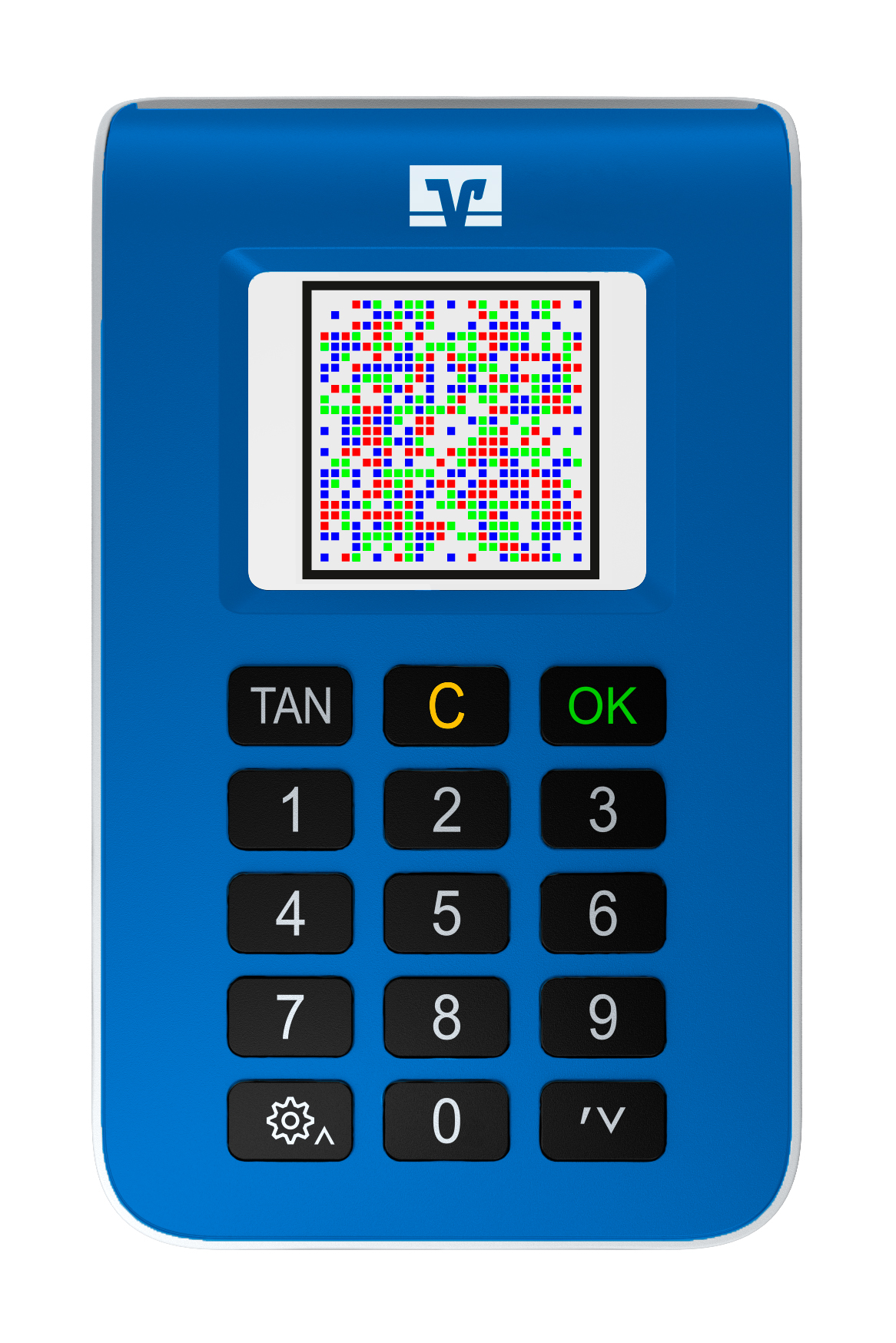 SmartTAN photo tanJack mit VR-Logo blauer Smart-TAN leser mit bunten Pixel