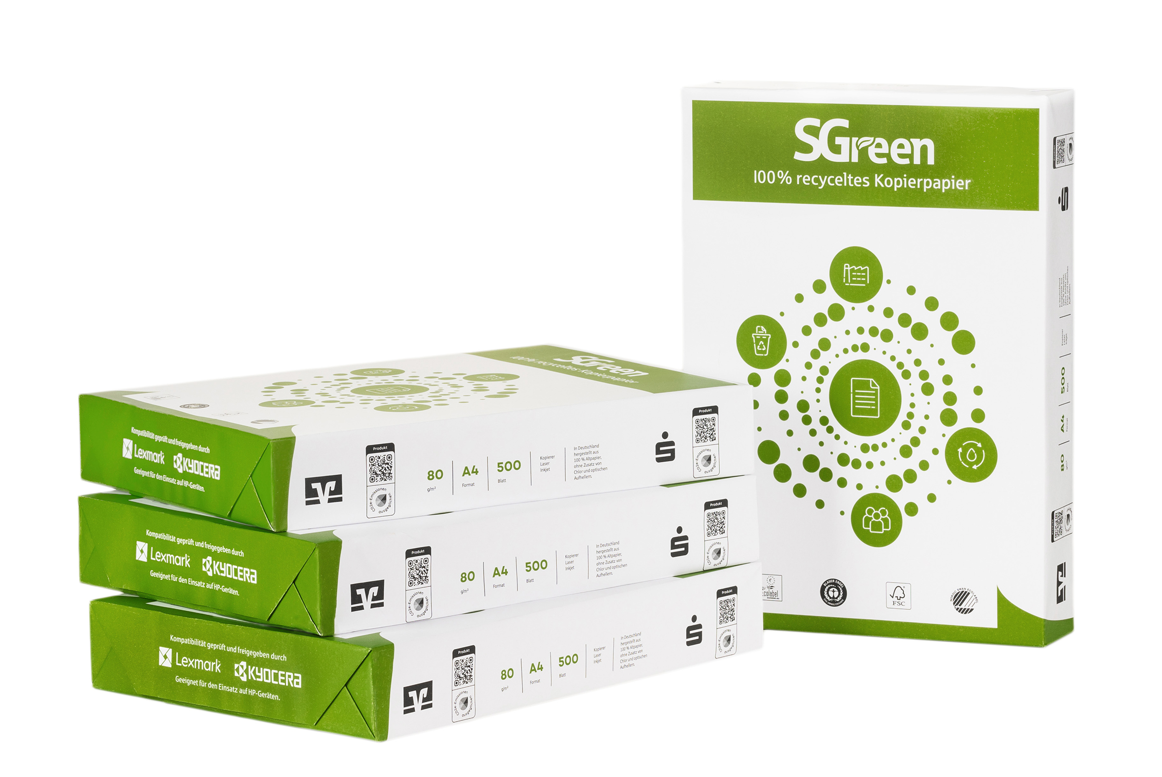 Kopierpapier SGreen Kopierpapier SGreen verpackt und gestapelt