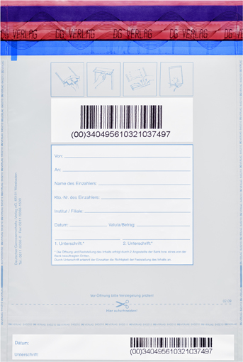 Sicherheitstasche von Vorne, Barcode Absender und Empfängerfeld