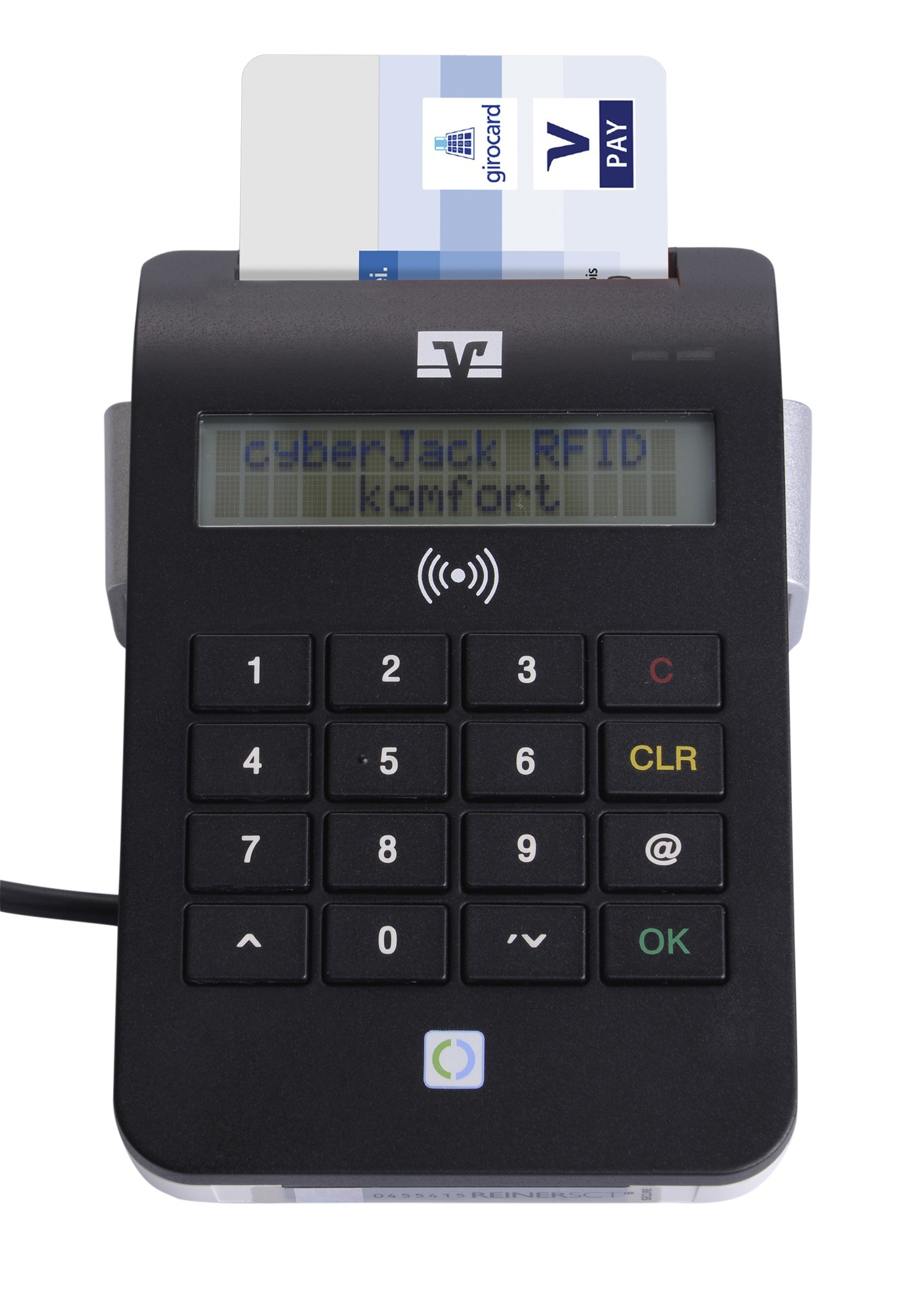 Chipkartenleser cyberJack komfort RFID nPA Chipkartenleser in schwarz mit eingesteckter Chipkarte