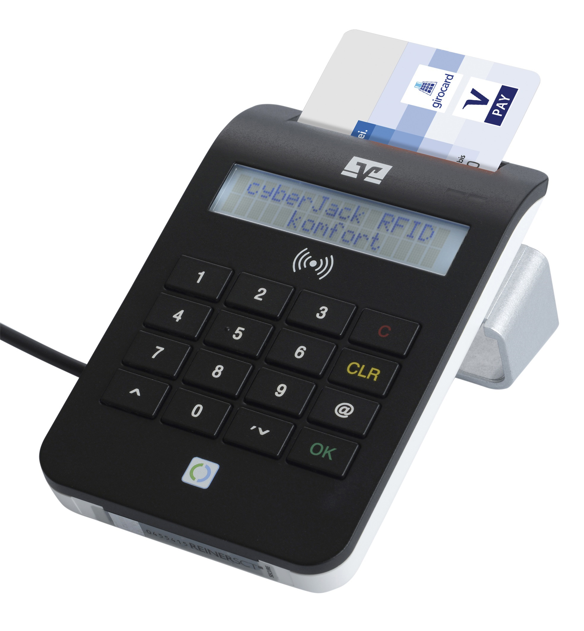 Chipkartenleser cyberJack komfort RFID nPA Chipkartenleser in schwarz mit eingesteckter Chipkarte