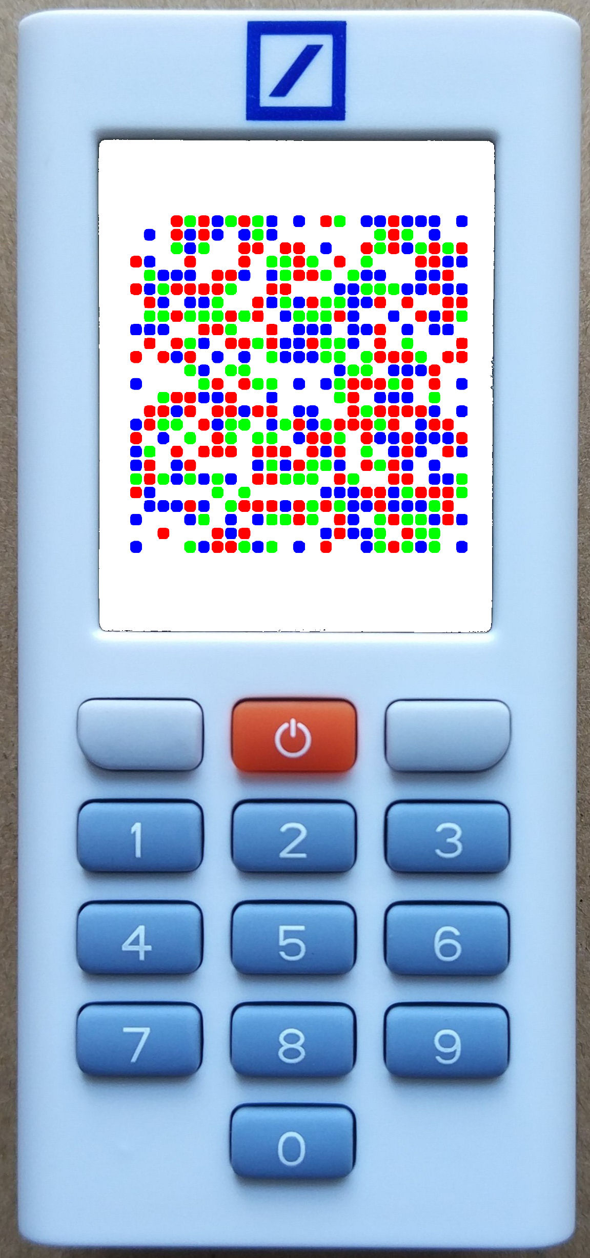 photoTAN-Lesegerät DigiPass 760 (Deutsche Bank) Lesegerät Vorderseite mit bunten Pixel