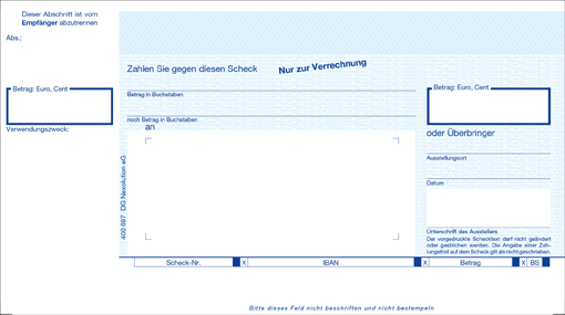Verrechnungsscheck Talon links 1tlg personalisierbar Verrechnungsscheck Talon links mit Anschriftenfeld