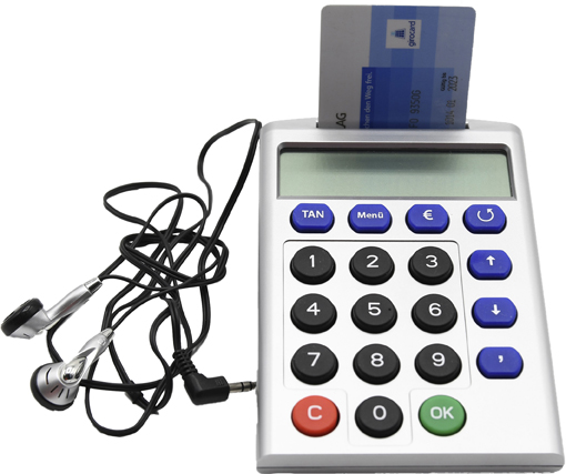 Smart-TAN plus DP 840 a Smart-TAN Gerät mit Kopfhörer und eingesteckter Chipkarte