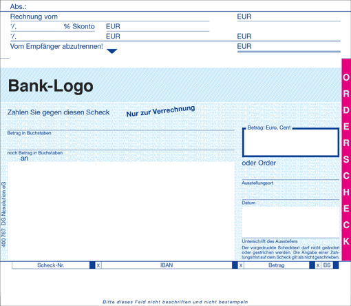 SEPA Orderscheck mit Bank-Logo  SEPA Orderscheck Kopftalon personalisierbar