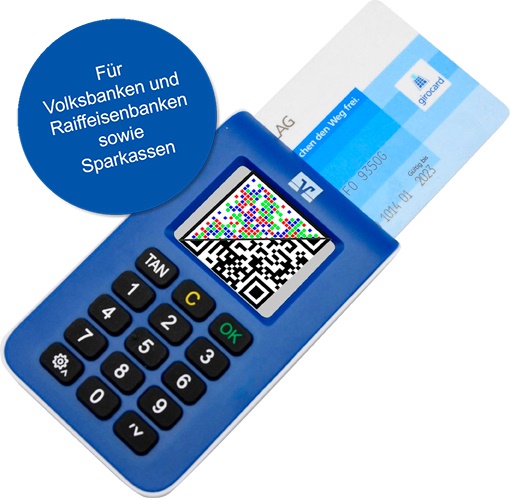 Smart-Tan mit QR-Code und VR-Logo in blau