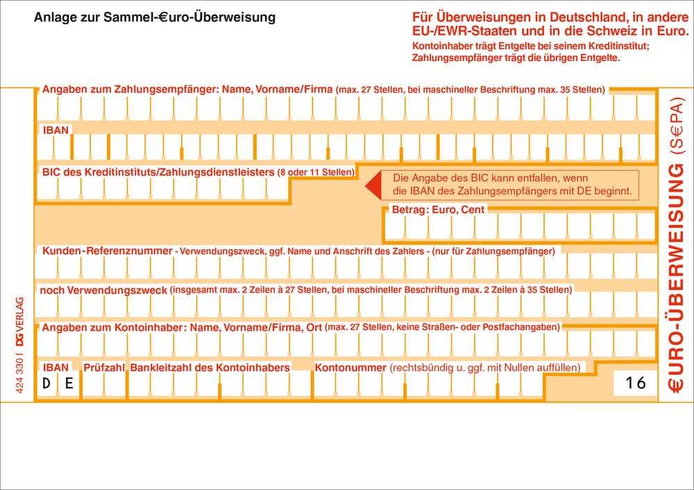 Anlage zur SEPA Sammelüberweisung 2tlg Überweisungsbogen zum selber ausfüllen