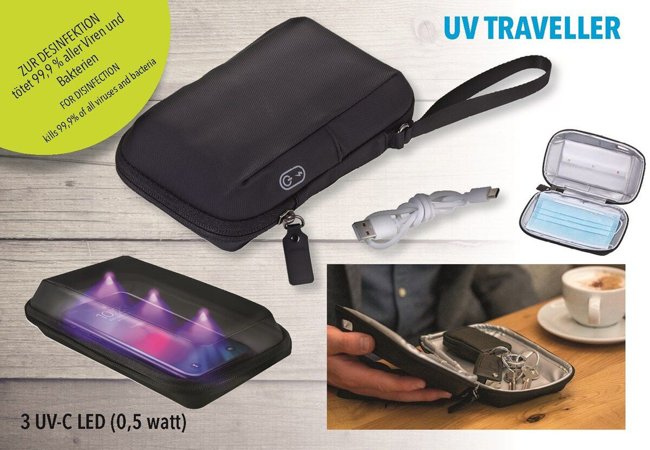 UV-Reinigungsetui Traveller mit Beispielfunktionen