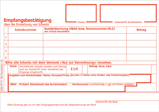 Empfangsbestätigung mit Eintragefelder SEPA Scheck Einreichung 2tlg personalisierbar