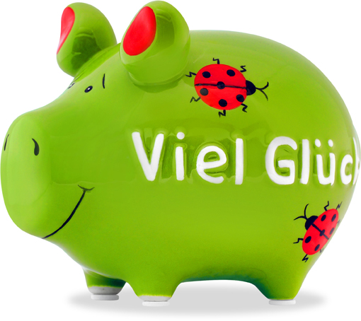 Sparschwein Viel Glück, neutral grün mit Marienkäfer