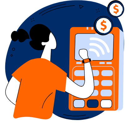 Digitales Gerät mit einer Person in einem orangen T-Shirt mit Geldsymbolen Digitales Gerät mit einer Person in einem orangen T-Shirt mit Geldsymbolen