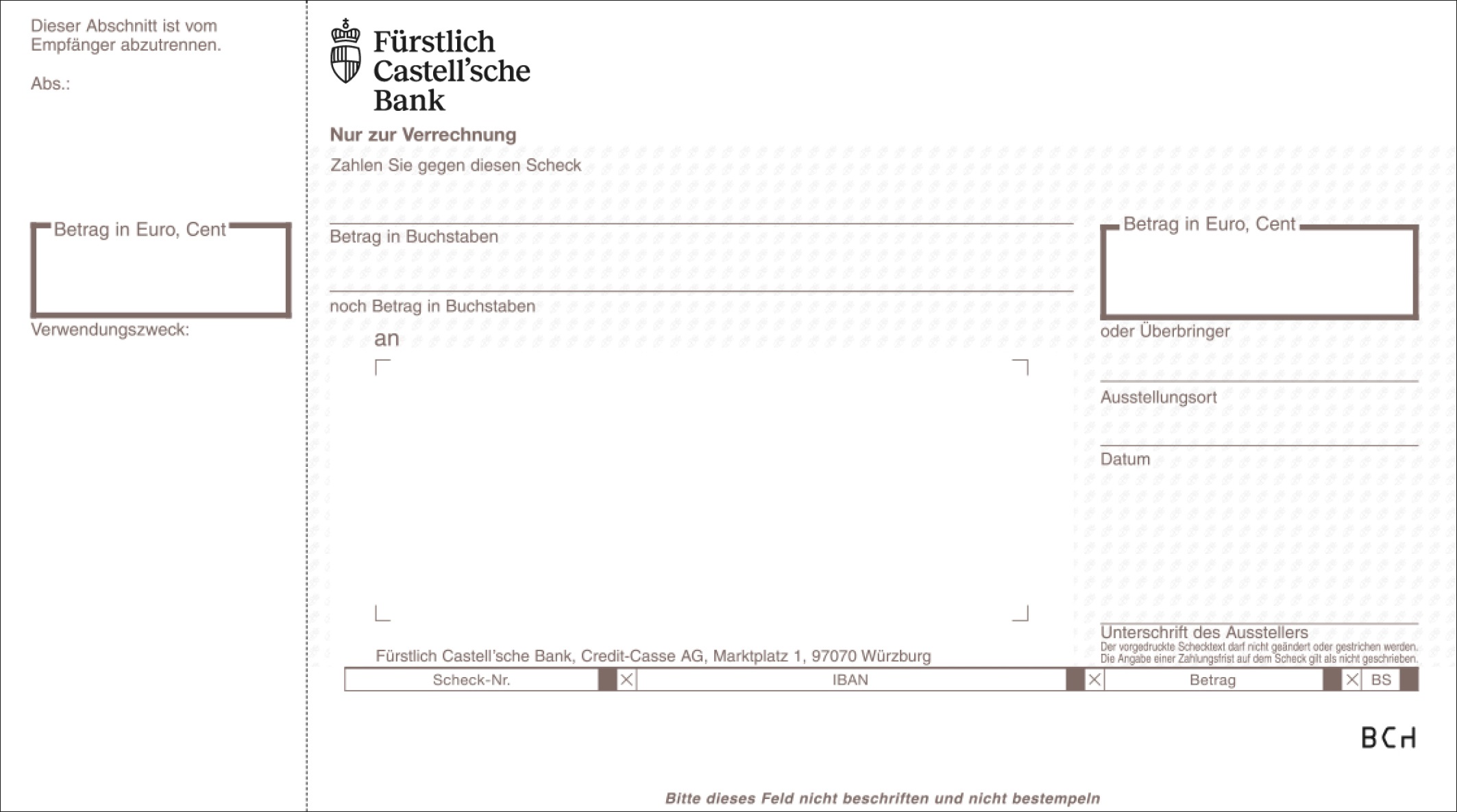 SEPA-Verrechnungsscheck, 1-fach, Talon links