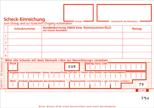 Scheck Einreichung mit Eintragefelder SEPA Scheck Einreichung 2tlg personalisierbar