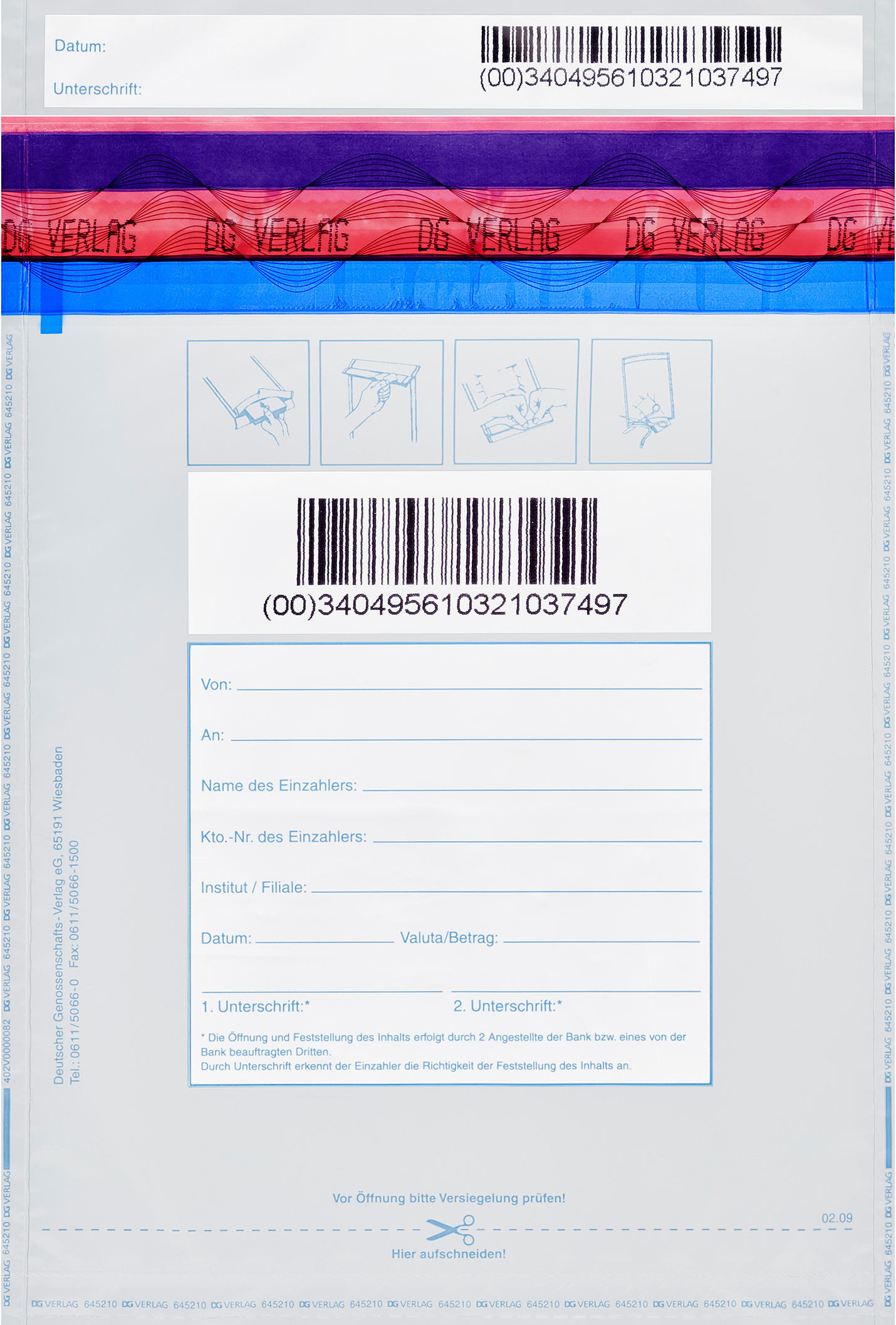 Sicherheitstasche Standard Sicherheitstasche von Vorne, Barcode Absender und Empfängerfeld