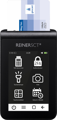 Premium Smart-TAN photo-Leser tanJack® deluxe Karte im Gerät eingesteckt, Touch- und Farbdisplay Menü zusaehen, mit folgenden auswahlmöglichkeiten: Tangenerator, Zwei-Faktor-Authentisierung, Taschenlampe, Foto, Taschenrechner, Datum