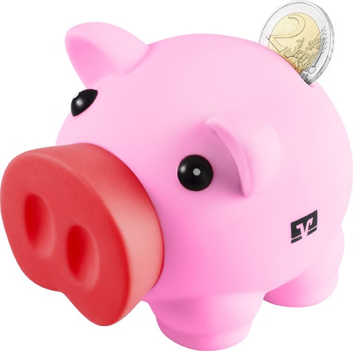 Sparschwein Rosie. Pink mit Roter Nase, kleines Volks-und Raiffeisenbank Logo auf dem Bauch 